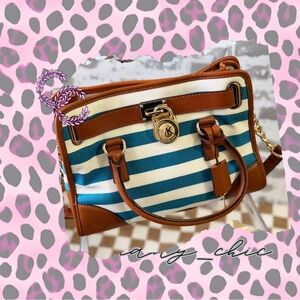 Michael Kors Medium Hamilton Bag – Teal & Cream Stripe Satchel EUC 13x9x5